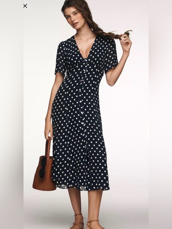 Reformation Dresses & Skirts - NWT! Reformation Lise Navy Polka Dot Button-Front Midi Dress
